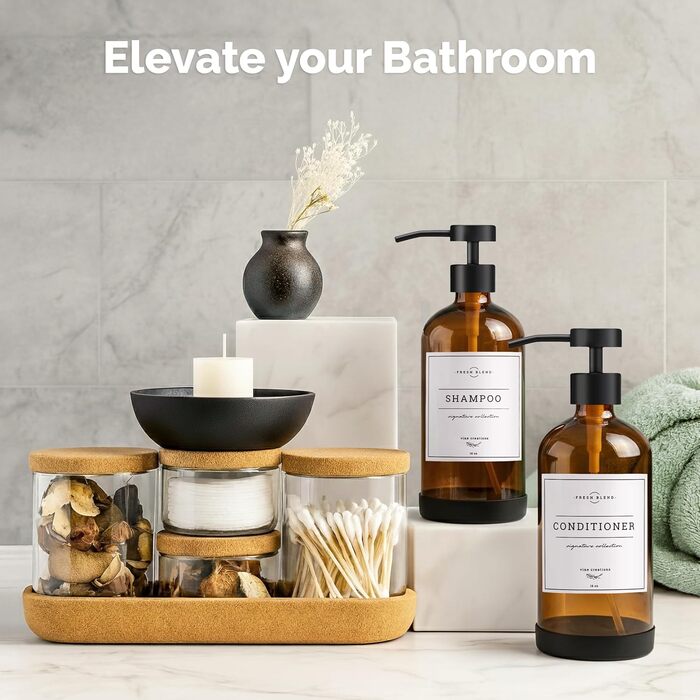 Набір дозаторів для мила на кухню та у ванну кімнату, 2 шт. з нержавіючою сталею, скляні флакони 475 мл, з водонепроникними етикетками