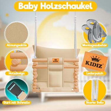 Дитячий гойдалка-колиска KIDIZ® для немовлят від 6 місяців та малюків до 3+ років (Бежевий) - дерев'яна, з регульованою висотою та м'якою подушкою, для дому та вулиці