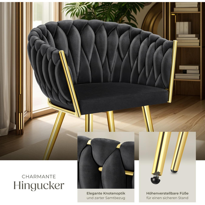 Тектейк® Велюровий стілець, крісло-чілл з ефектом вузлів, обідні стільці, сучасний крісло для вітальні, їдальні, як кухонні стільці, для туалетного столика, комплект стільців (4 шт, Чорний/Золотий)