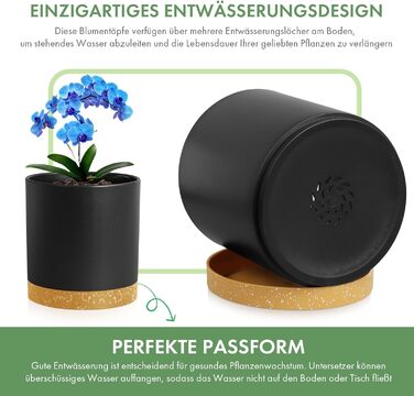 Набір горщиків для квітів 5 шт. з підставками, 17.8/15.2/14/12.7/10.2 см, пластик, для дому та балкону, чорний з коричневою підставкою