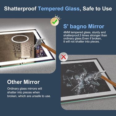 Дзеркало для ванної кімнати S'bagno Bluetooth з підсвічуванням 100x70 см, LED, протитуманне, диммер, Bluetooth, HD скло, IP44, горизонтальне/вертикальне