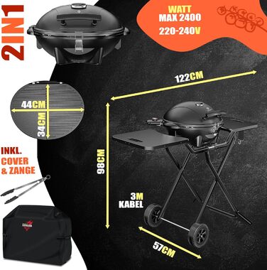 Електричний гриль KESSER® 2в1: настільний та напольний | 2400 Вт | Складаний | з термостатом, антипригарним покриттям та аксесуарами | Чорний