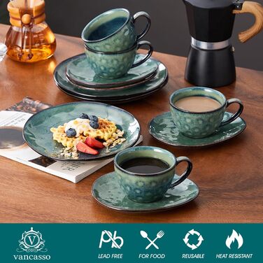 Сервіз кавовий Vancasso Steingut Starry, 12 предметів для 4 осіб, зелений, вінтажний стиль
