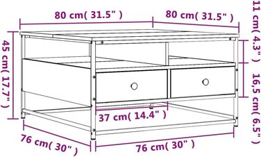 Журнальний столик, Журнальний столик з великою кількістю місця для зберігання, Журнальний столик для вітальні з металевим каркасом, Стіл Журнальний столик Чайний столик, інженерне дерево (80 x 80 x 45 см, коричневий дуб)
