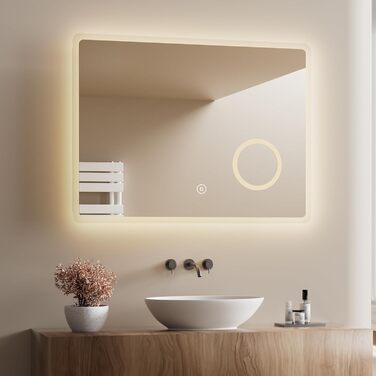 Дзеркало для ванної кімнати з підсвічуванням LED 80x60 см, регульоване, 3 колірні температури (3000K/4000K/6500K), антизапарник, вертикальна/горизонтальна установка, з 3x збільшенням