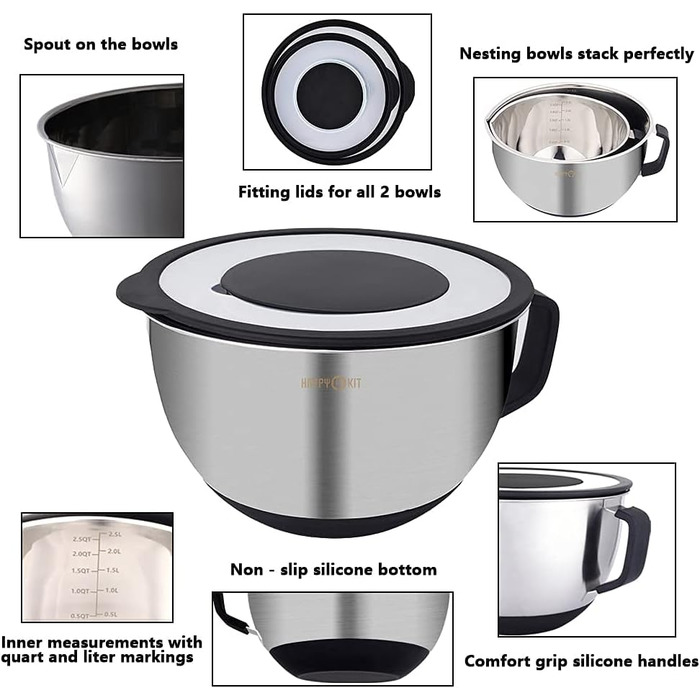 Набір місок для перемішування HAPPY KIT 18/8 з кришкою, 2 шт. (3QT, чорний). З нержавіючої сталі, з виливом, антиковзким дном та насадками для тертя.