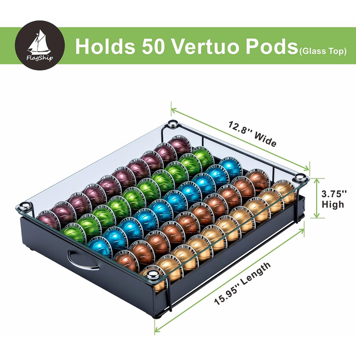 Організатор для капсул Nespresso Vertuo: металевий підставка на 50 капсул, чорний колір, зі скляною кришкою
