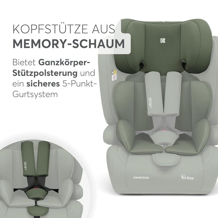 Автокрісло KikkaBoo 9-36 кг i-PASS, група 1/2/3, 1 рік - 12 років, i-Size, 13 положень, армійний зелений