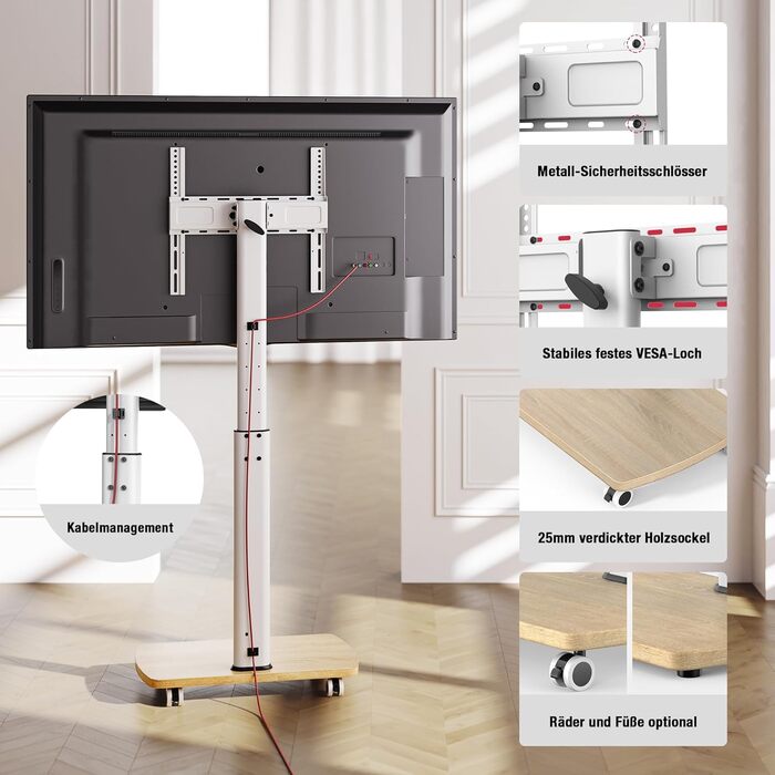 Підставка для телевізора на колесах з полицею, для телевізорів 32-65 дюймів, до 35 кг, поворотна на 90°, регульована по висоті, VESA 400x400mm (Білий+Натуральний колір)