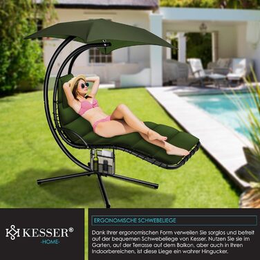 Кесер® Розкішна гамак-шезлонг з сонцезахисним козирком, 194x100 см, до 120 кг, з подушкою для шиї та сумкою (Хакі)