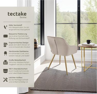 Крісло tectake® з велюровою оббивкою, сучасні кухонні стільці, зручний крісло для вітальні, стілець для їдальні, стілець для туалетного столика - (набір 1 шт, пудровий/золотий)