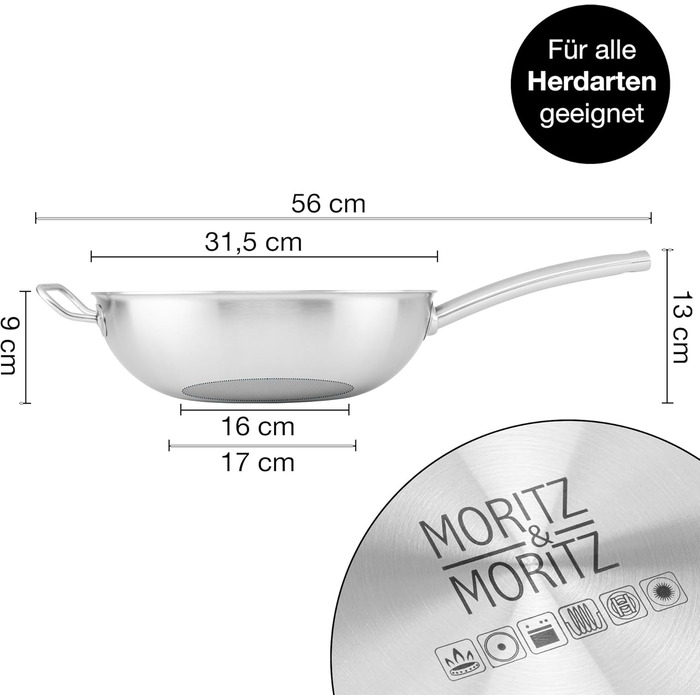 Вафельниця Moritz & Moritz з нержавіючої сталі 30 см з керамічним покриттям нового покоління - підходить для всіх типів плит - антипригарний вок з комірчастою структурою для смаження, тушкування та варіння без кришки
