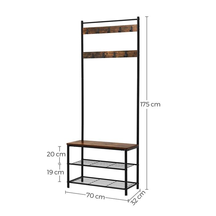 Вішалка для верхнього одягу з 3 полицями та сидінням - вінтажний коричневий + чорний