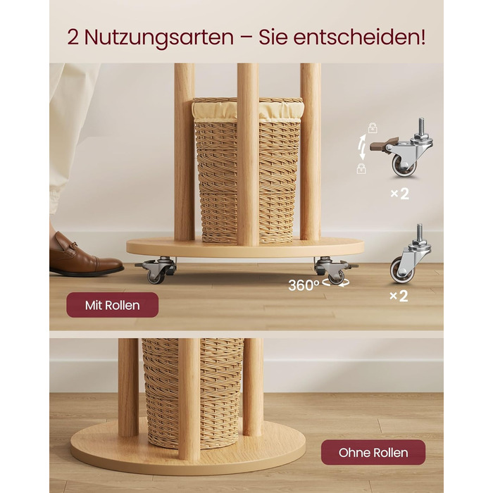 Вішалка для одягу VASAGLE з 11 гачками та 3 полицями, на коліщатках, з масиву дерева, для передпокою, спальні, вітальні, RCR023B01 (натуральний колір)