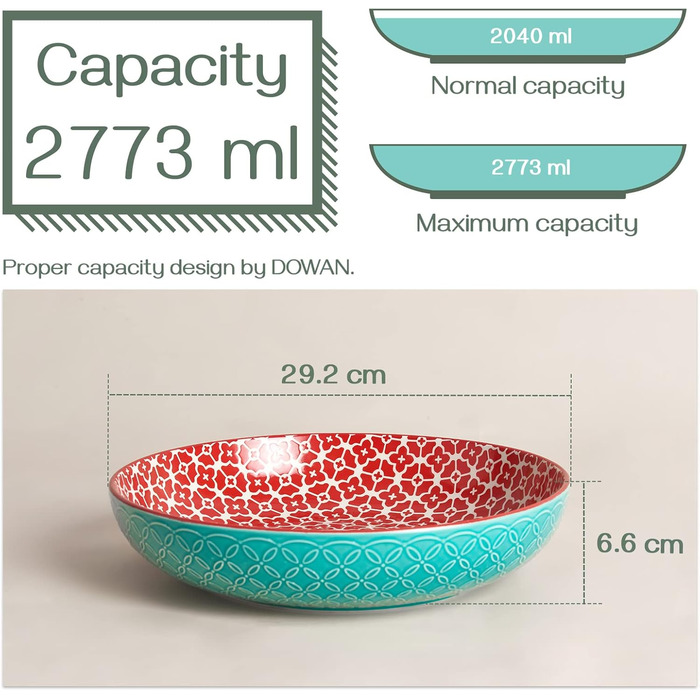 Салатник DOWAN 2000 мл, набір 2 шт, діаметр 24.1 см, порцеляновий, для пасти, мікрохвильова піч, посудомийна машина, штабельовані, різнокольорові