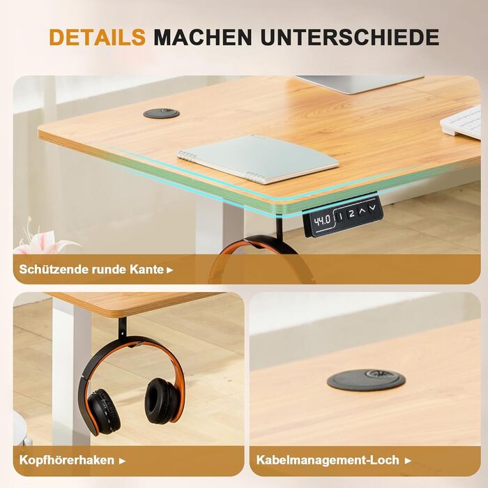 COMHOMA Стол для роботи з регулюванням висоти 160x70 см з USB-роз'ємом та гачками, Електричний стіл для комп'ютера, Стол для стоячи-сидячи, коричневий