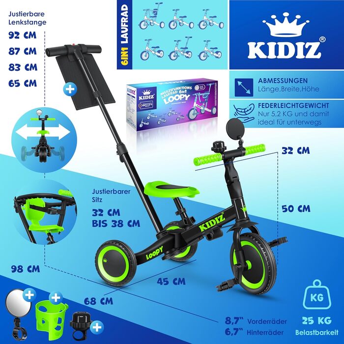 Біговел-триколіс KIDIZ 6-в-1 для дітей від 1 до 5 років (до 25 кг), чорний: з ручкою, захисним бампером, ременем безпеки, дзвінком та дзеркалом