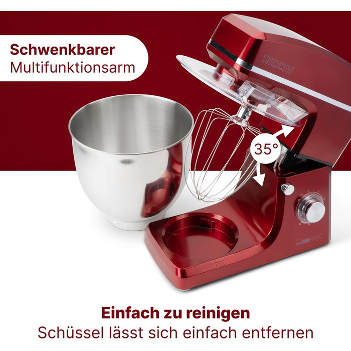 Кухонна машина Clatronic KM 3765 XXL: 10л, 1500W, міксер, гак для тіста, насадка для збивання, захист від розбризкування