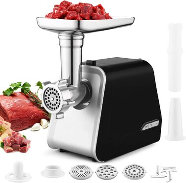 Електричний м'ясоподрібнювач Nictemaw 2000W з 3 насадками: для фаршу, ковбас та випічки. Підходить для м'яса, овочів та тіста. Чорний колір