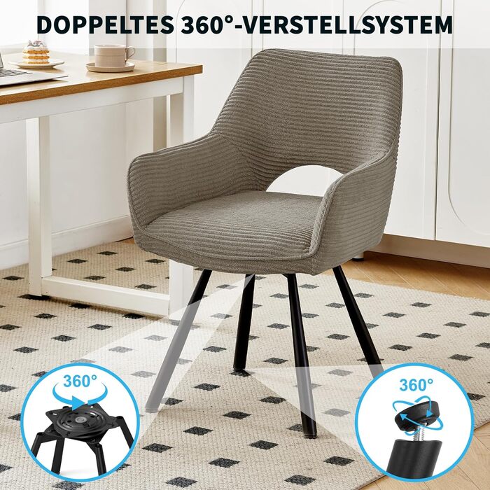 Набір з 4 обертових стільців для їдальні з підлокітниками, 360° обертання, кухонний стілець, сучасний м'який стілець з тканинною спинкою для кухні, їдальні, спальні, бежевий