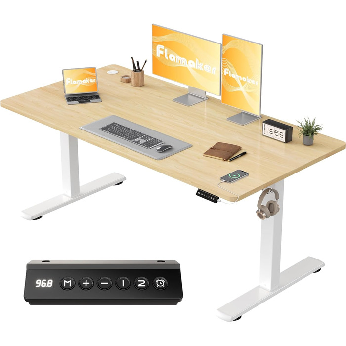 Електричний регульований стіл Flamaker 140x60 см з пам'яттю та USB-зарядкою (Бежевий)