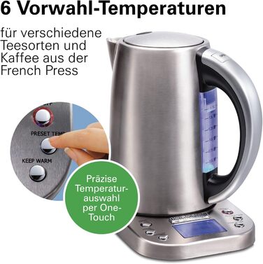 Професійний турбо-електричний чайник Hamilton Beach з нержавіючої сталі, електричний чайник із цифровим регулюванням температури, 1,7 літра, автоматичне вимкнення, 6 налаштувань температури на вибір (41028-CE) Версія для ЄС