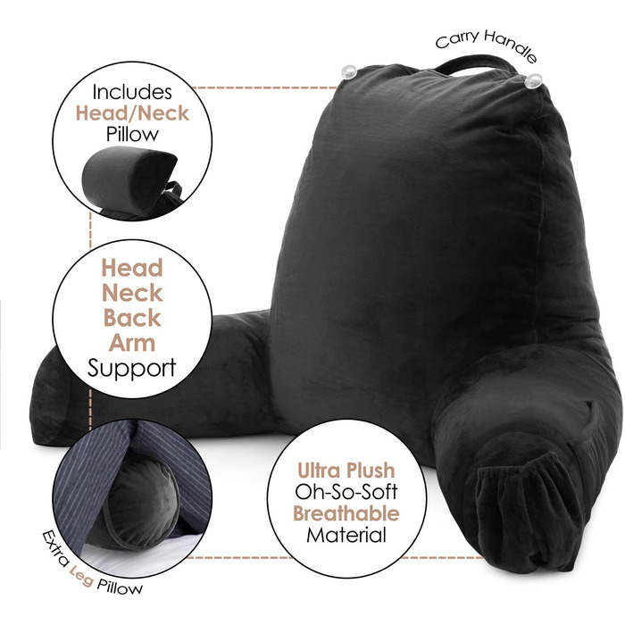 Подушка для читання Clara Clark з великим спинним підпором, з піною з пам'яті, чорна подушка для сидіння в ліжку/стільці з підлокітниками та кишенями, велика