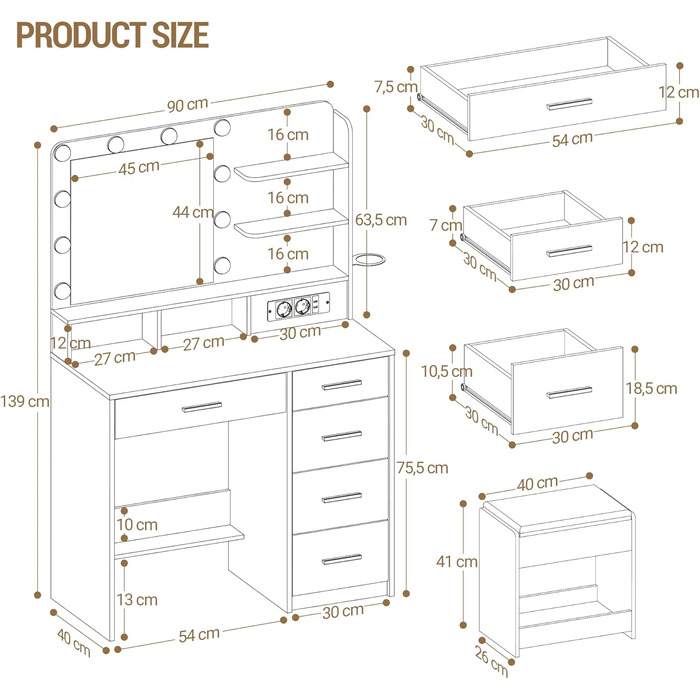 Дзеркальний туалетний столик Hzuaneri з LED-підсвіткою (10 LED), пуфом, великим дзеркалом, тримачем для фену та шухлядами, білий DT39003X
