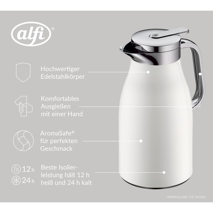 Термос Alfi SKYLINE 1,5л, кокосовий білий матовий, з нержавіючої сталі, з гігієнічним скляним вкладишем, з поворотним кришкою та зручною кнопкою, ергономічна ручка, для однієї руки, ідеальний як кавоварка 1500 мл Coconut White Mat