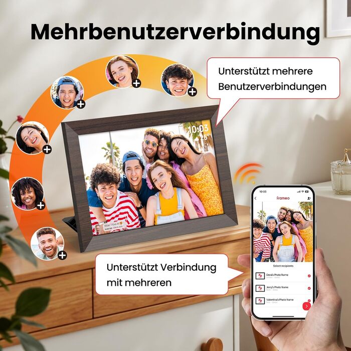Frameo Цифровий фоторамка WiFi, 10.1 дюйма, HD IPS сенсорний екран, 32 ГБ пам'яті, автоматичне обертання, хмарна підтримка, віддалене завантаження фото та відео