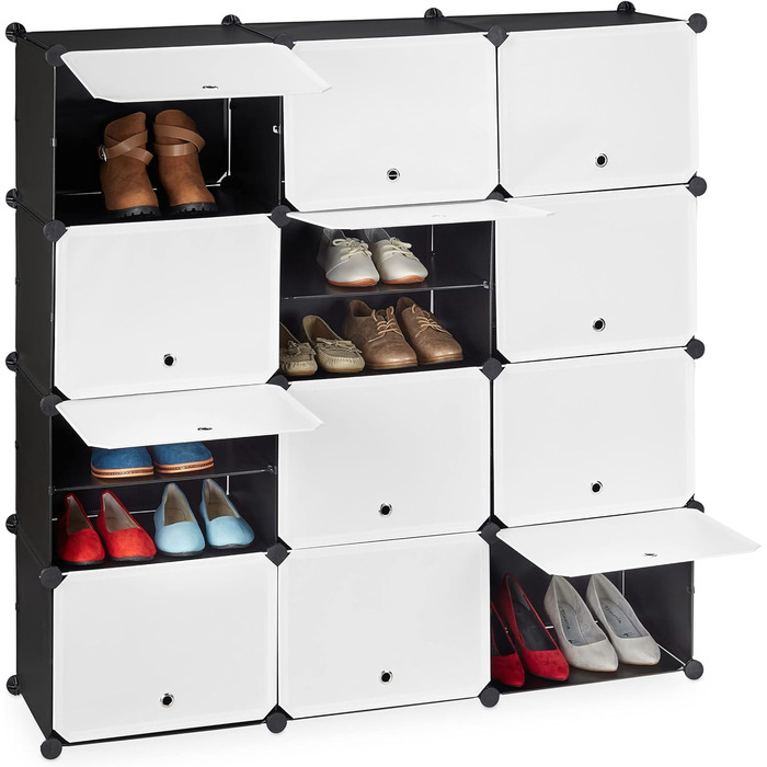 Тумба для взуття Relaxdays, 24 відділення, модульна, пластик і метал, 125x125x32 см, чорно-біла
