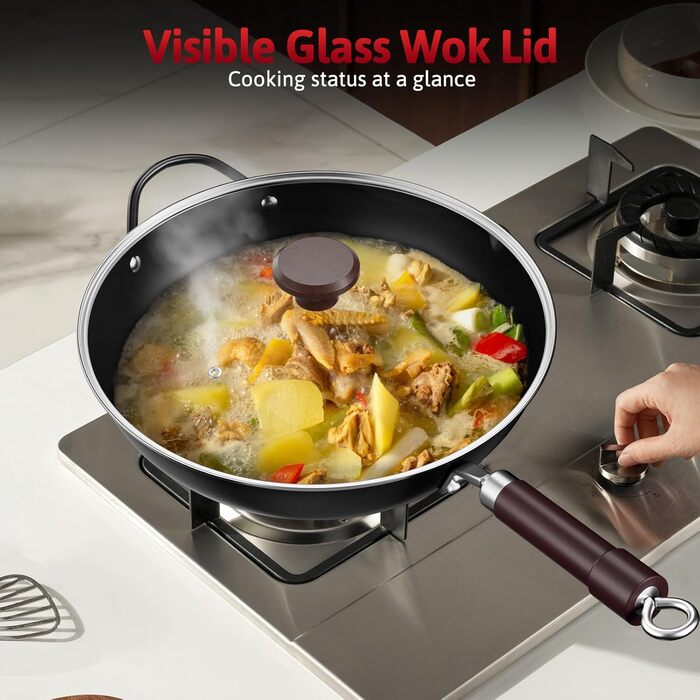 Вок Jobin 32 см з вуглецевої сталі з кришкою, дерев'яним та сталевим ручками, для приготування азійських страв (3-5 осіб), сумісний з Induktion, електро та газовими плитами - Чорний