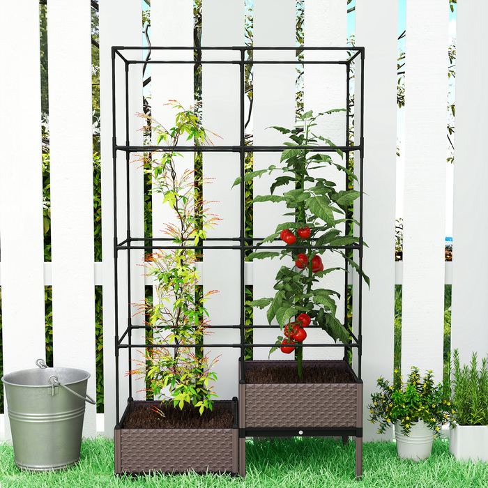 Підвищений грядок з решіткою для підтримки рослин, дренажними отворами та пластиковими горщиками, розміром 100 x 50 x 174 см