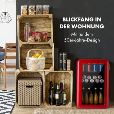 Klarstein Mini-холодильник з скляною дверцятами, 48 л, для кімнати та офісу, з висувною полицею, тихий, 0-10°C, червоний