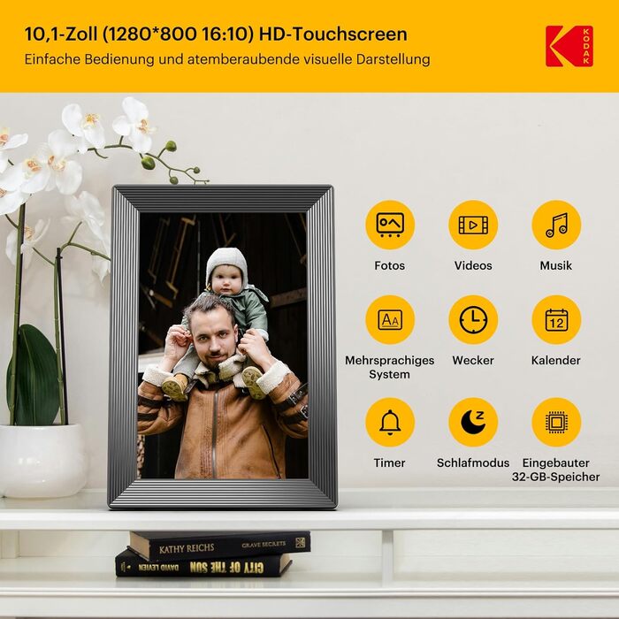 Цифровий фоторамка Kodak WiFi, 10.1 дюйма, HD IPS сенсорний екран, 32GB, автоматичне обертання, WiFi, для стін, чорний