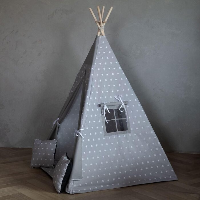Дитяче намет PaLulli® Tipi з бавовни, з м'яким килимком, системою стабілізації, лампою-ліхтарем та декоративними подушками (сірий зі зірками)