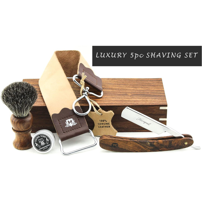 Дерев'яна коробка Haryali London з приладдям для гоління (небезпечна бритва, щітка для гоління, ракель, абразивна паста) розкішний набір із 5 предметів.