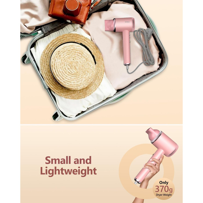 Іонний фен для волосся DEWILY з безщітковим двигуном 110,000 RPM, магнітним дифузором та 2 насадками, рожевий