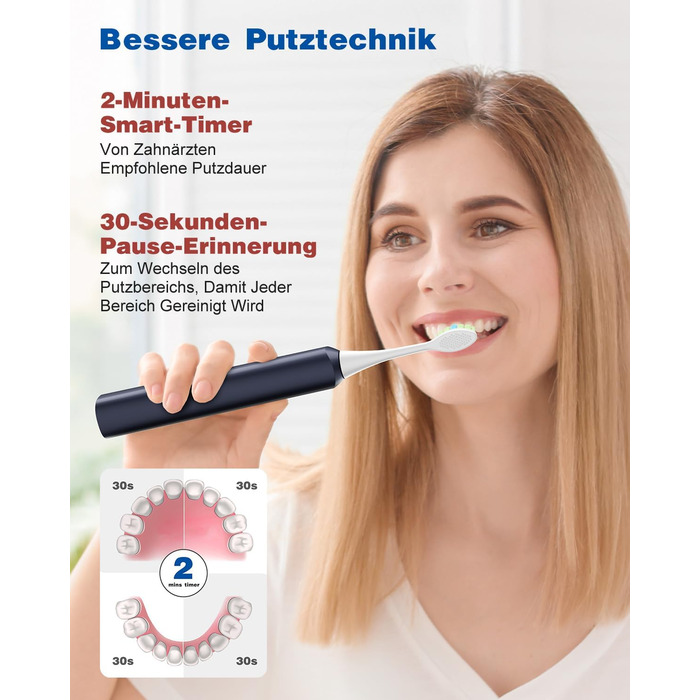 Електрична зубна щітка звукового типу, 45000 VPM, відбілювання за 1 тиждень, 120 днів роботи від акумулятора, індикатор заряду, 6 насадок DuPont, 5 режимів, таймер, (блакитна)