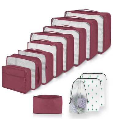 Набір органайзерів для валізи та подорожей 12 предметів, водонепроникні пакувальні куби для одягу та речей (винно-червоний)