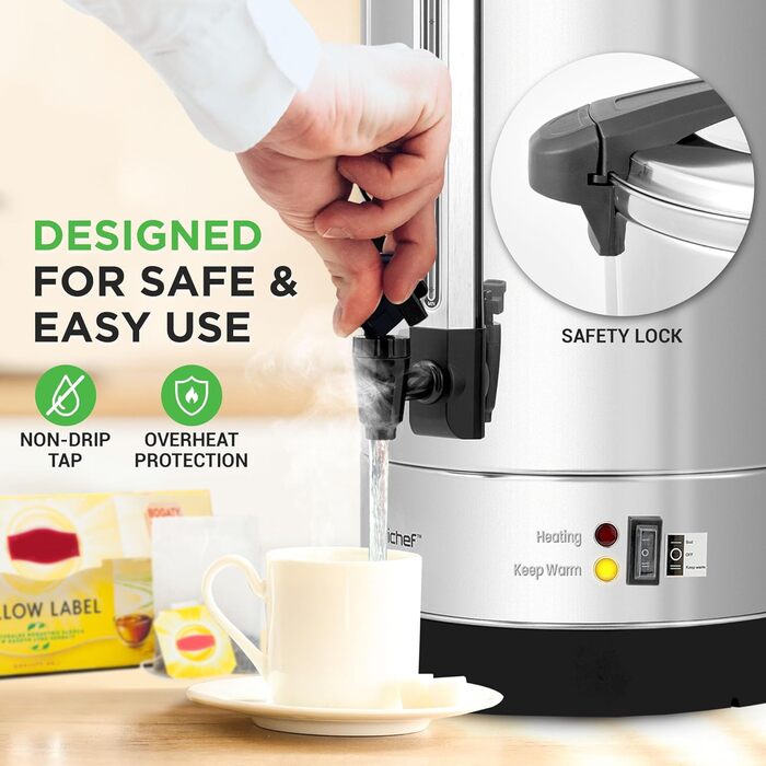 NutriChef Електричний автоклав та дозатор гарячої води 13л - нержавіюча сталь з захисним кришкою та краном без протікання | Функція підігріву для глінтвейну, чаю, кави | Для комерційного та приватного використання | 1100W компактний пристрій (19 літрів)