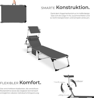 Шезлонг Tectake з дахом, балконний шезлонг з алюмінію, складний садовий шезлонг, стійкий до погодних умов, шезлонг для саду, кемпінгу та пляжу, регульована спинка, подушка для голови, бічна кишеня - сірий меланж (сірий)