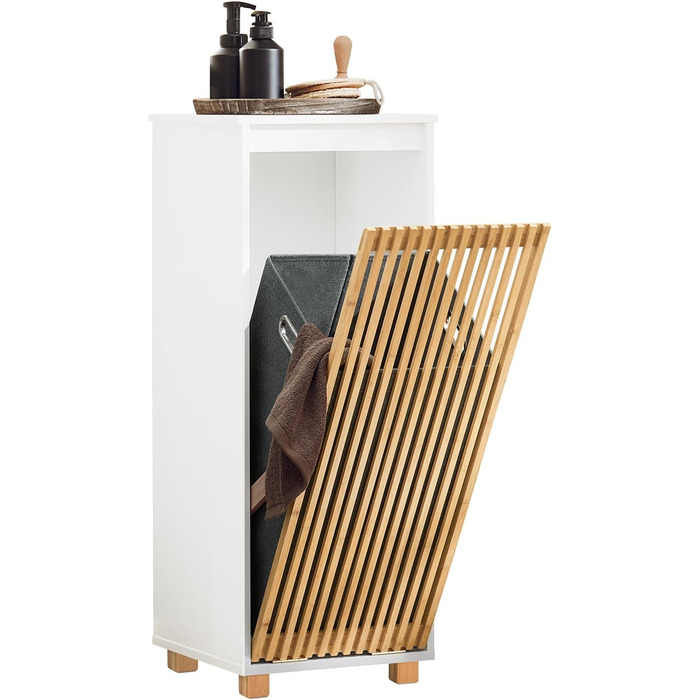 Тумбочка у ванну кімнату SoBuy, вузька, 33x165x33 см, з бамбуковими дверцятами, білий колір, для зберігання речей