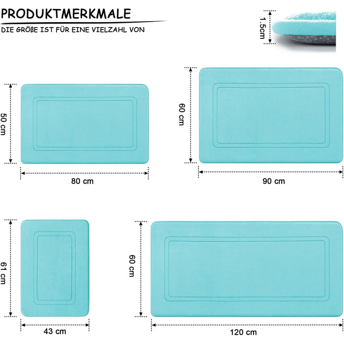Килимок для ванної кімнати Chakme, антиковзаючий, 50x80 см, блакитно-зелений