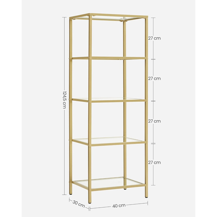 Регал VASAGLE з 5 полицями для ванної, вітальні, кухні, офісу. Скляна полиця, металевий каркас, проста збірка, 40B x 124,5H см.