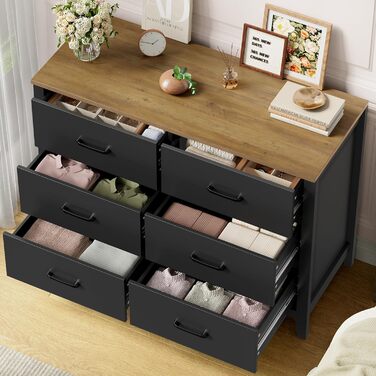 Комод HOCSOK з 6 висувними ящиками, чорний комод з дерев'яною полицею, шафа для зберігання в вітальню, спальню, кімнату для підлітків та коридор, 100x40x81 см