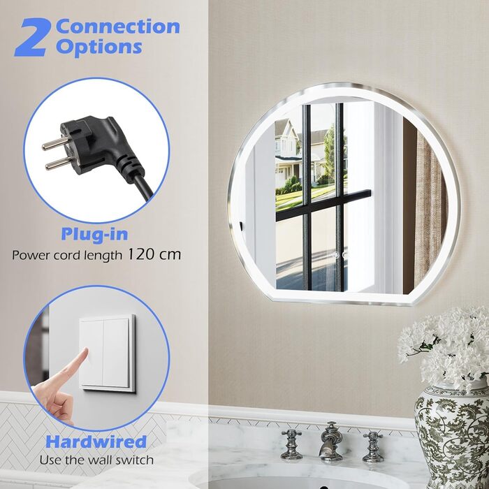 LED дзеркало для ванної кімнати FANTASK з підсвічуванням, проти запотівання, сенсорне керування, пам'ять, 60x54 см, срібло