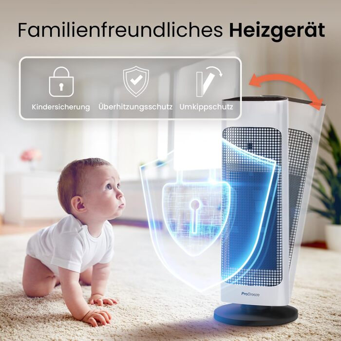 Обігрівач Pro Breeze керамічний з пультом дистанційного керування, 7 режимів нагріву, 2000W, захист від перегріву, таймер 24 год, ECO режим, тиха робота, осциляція 80°