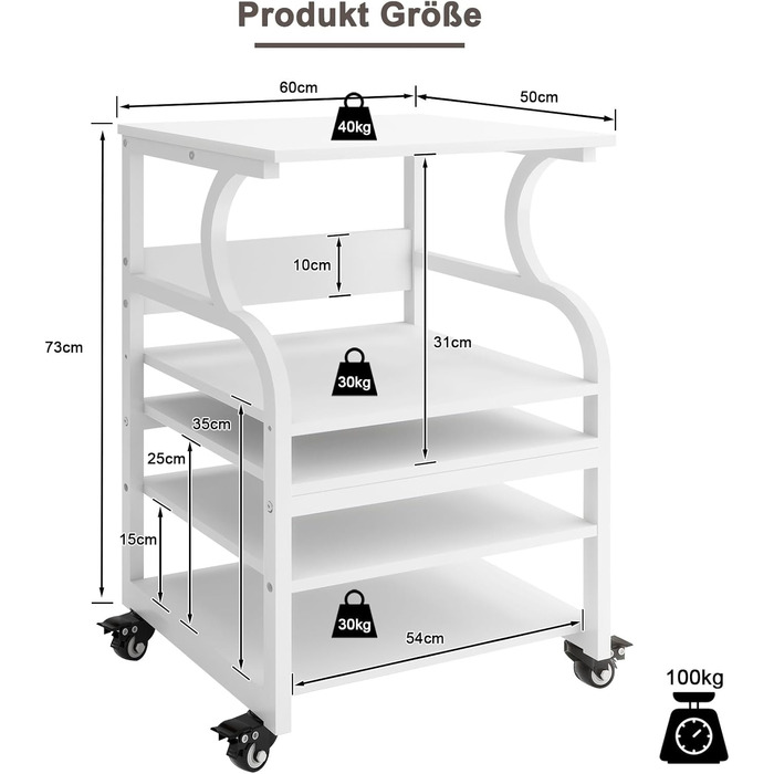 Регульований стіл для принтера PUNCIA з 3 ящиками, 60 x 50 см, на коліщатках, з дерева та металу, білий