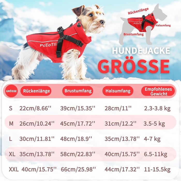 Водонепроникна світловідбиваюча куртка для собак PcEoTllar зі шлейкою для маленьких собак, червона, S (3,5-5 кг)